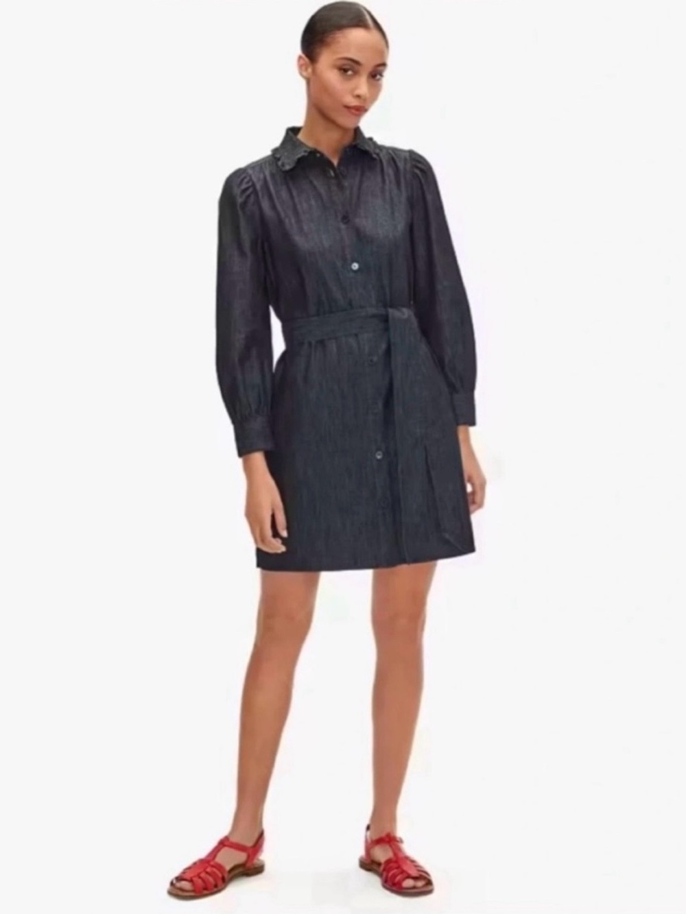 Kate Spade Dark Blue Wash Ruffle Denim Mini Shirtdress with Tie Waist